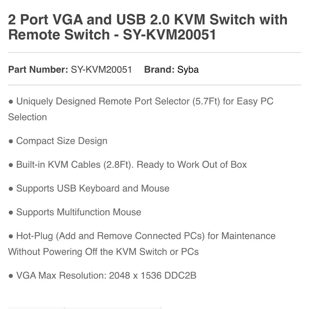 NWT Syba 2 Port USB Cable KVM Switch NIB unused
